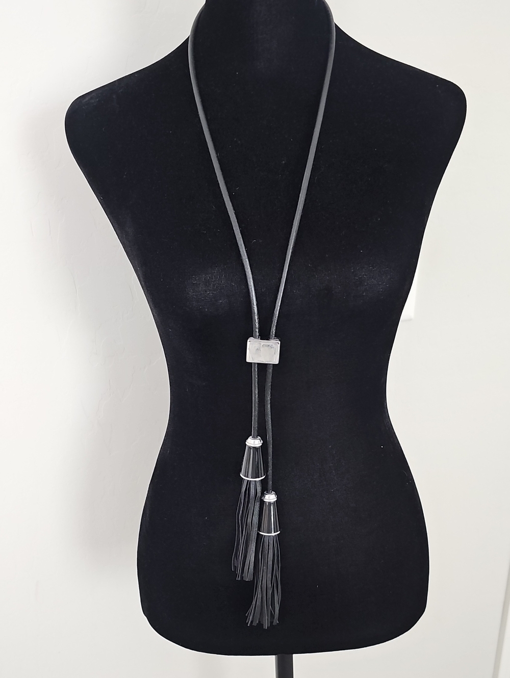 Chico's Black Leather Tassel Lariat Necklace with Silver Accents